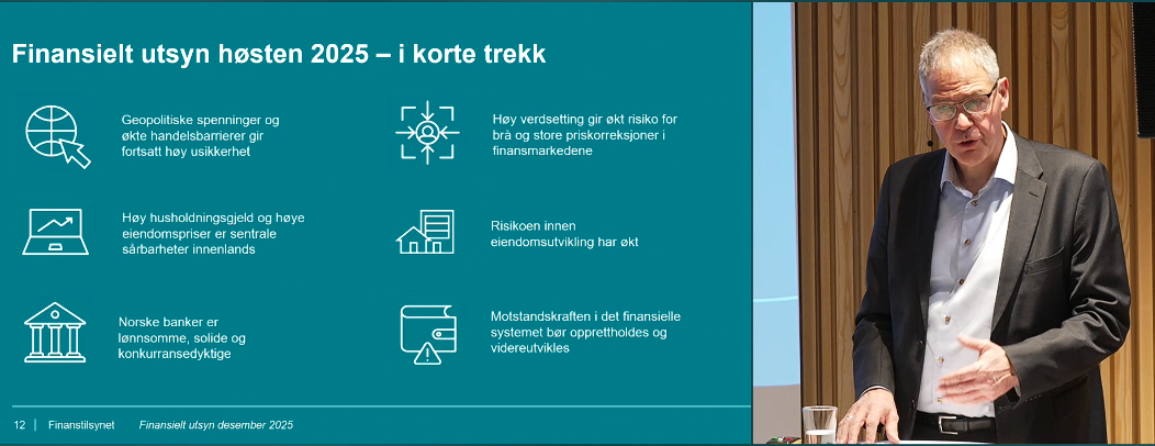 Hovudpunkta: Her viser finanstilsynsdirektør Per Mathis Kongsrud hovudpunkta i utgreiinga om stoda i finansmarknaden 2025.,