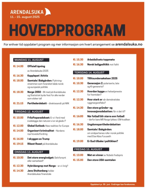 Dette er hovudprogrammet for Arendalsveka 2025.