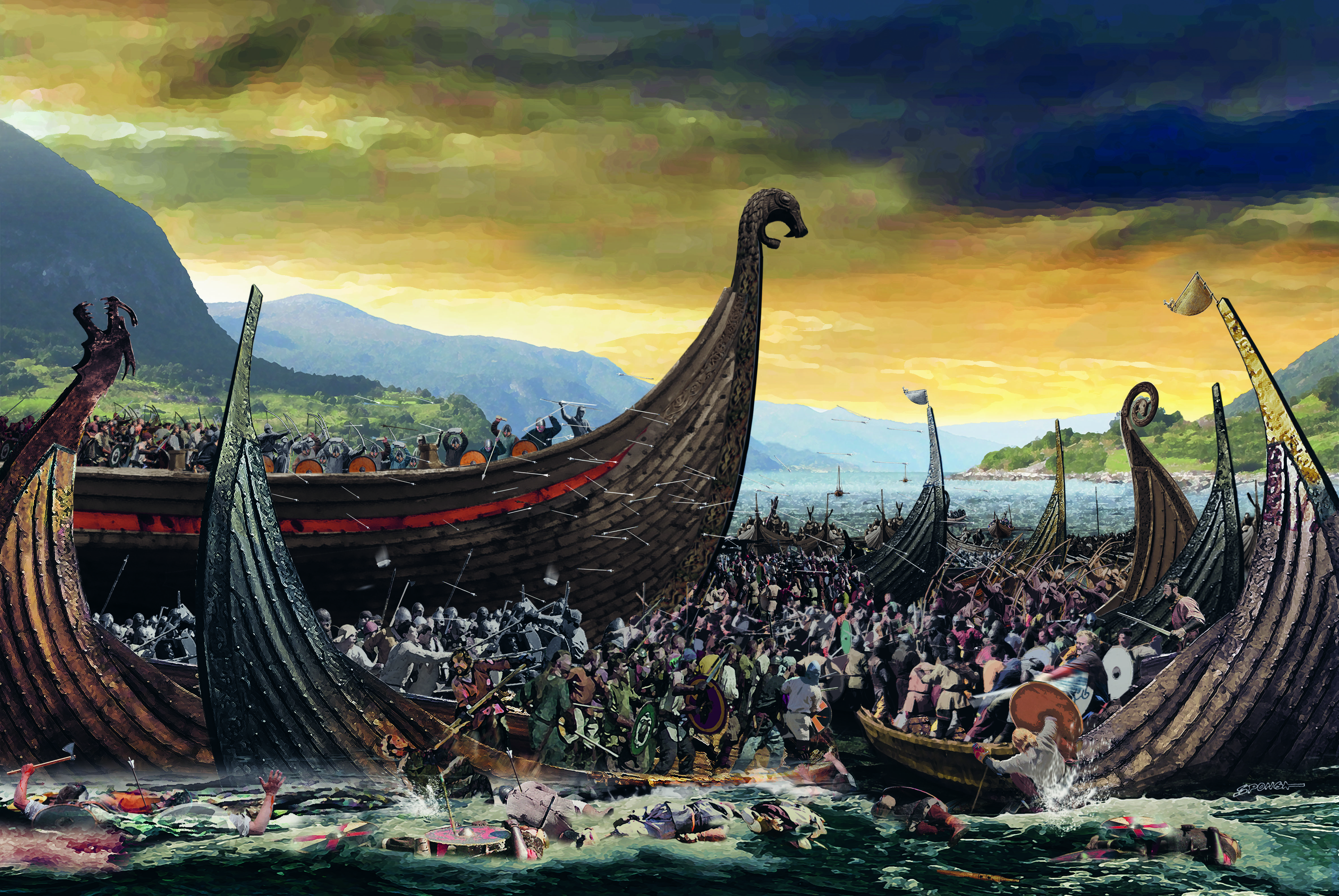 Illustrasjon av slaget på Fimreite. Teikning: Tor Sponga