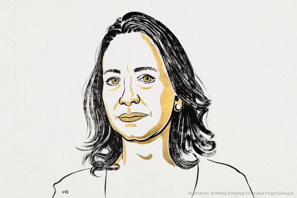 María Corina Machado er leiar for partiet Vente Venezuela, som beskriv seg som sentrumsliberale. Teikning: Niklas Elmehed © Nobel Prize Outreach