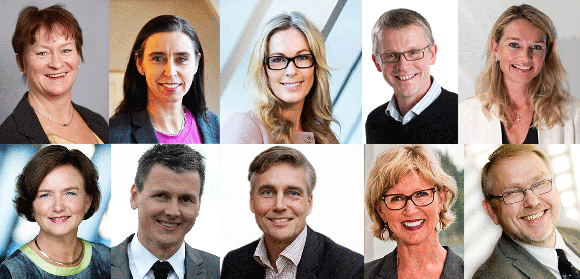Øverst fra venstre: Inger Solberg (foto: Tommy Andresen), Mona Skaret (foto: Innovasjon Norge), Anita Krohn Traaseth (foto: Jo Michael), Bård Strandheim (foto: Morten Bjerk)  og Yvonne Fosser (foto: Privat).   Nederst fra venstre: Elisabeth Morthen (foto: Jo Michael), Rodin Lie (foto: privat), Per Niederbach (foto: Siv Nærø), Toril Bariusdotter Ressem (foto: Olav Storm), Hans Martin Vikdal (foto: Siv Nærø),